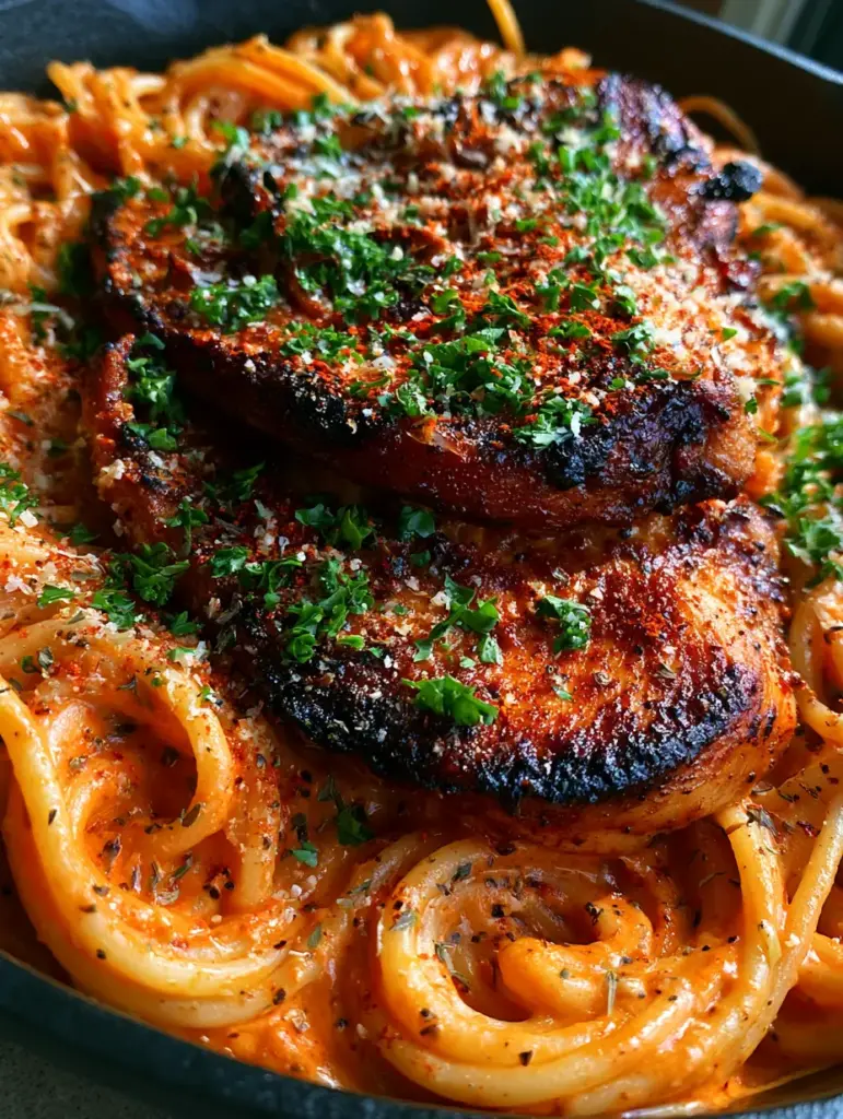 Top-down view of a cast iron skillet filled with Creamy Cajun Chicken Spaghetti and a dusting of smoked paprika.