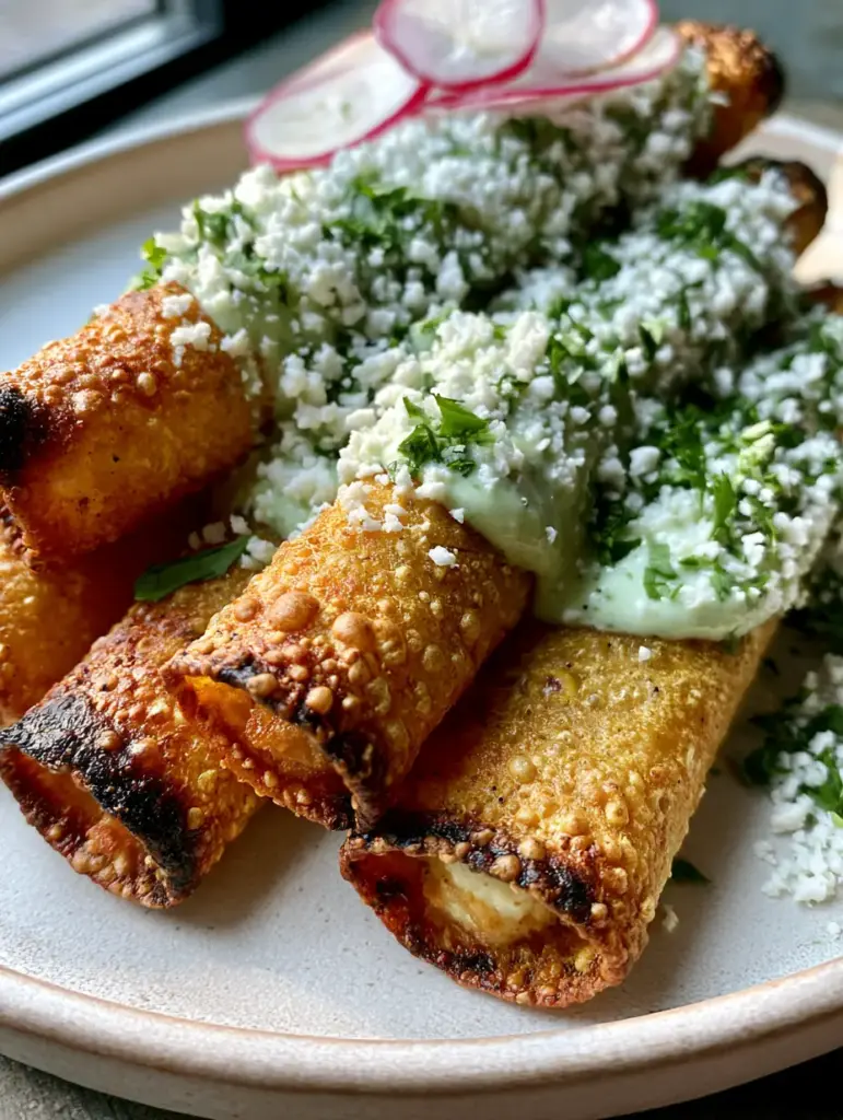 Stacked air-fried potato flautas topped with crumbled cotija cheese, cilantro, and paper-thin radish slices.