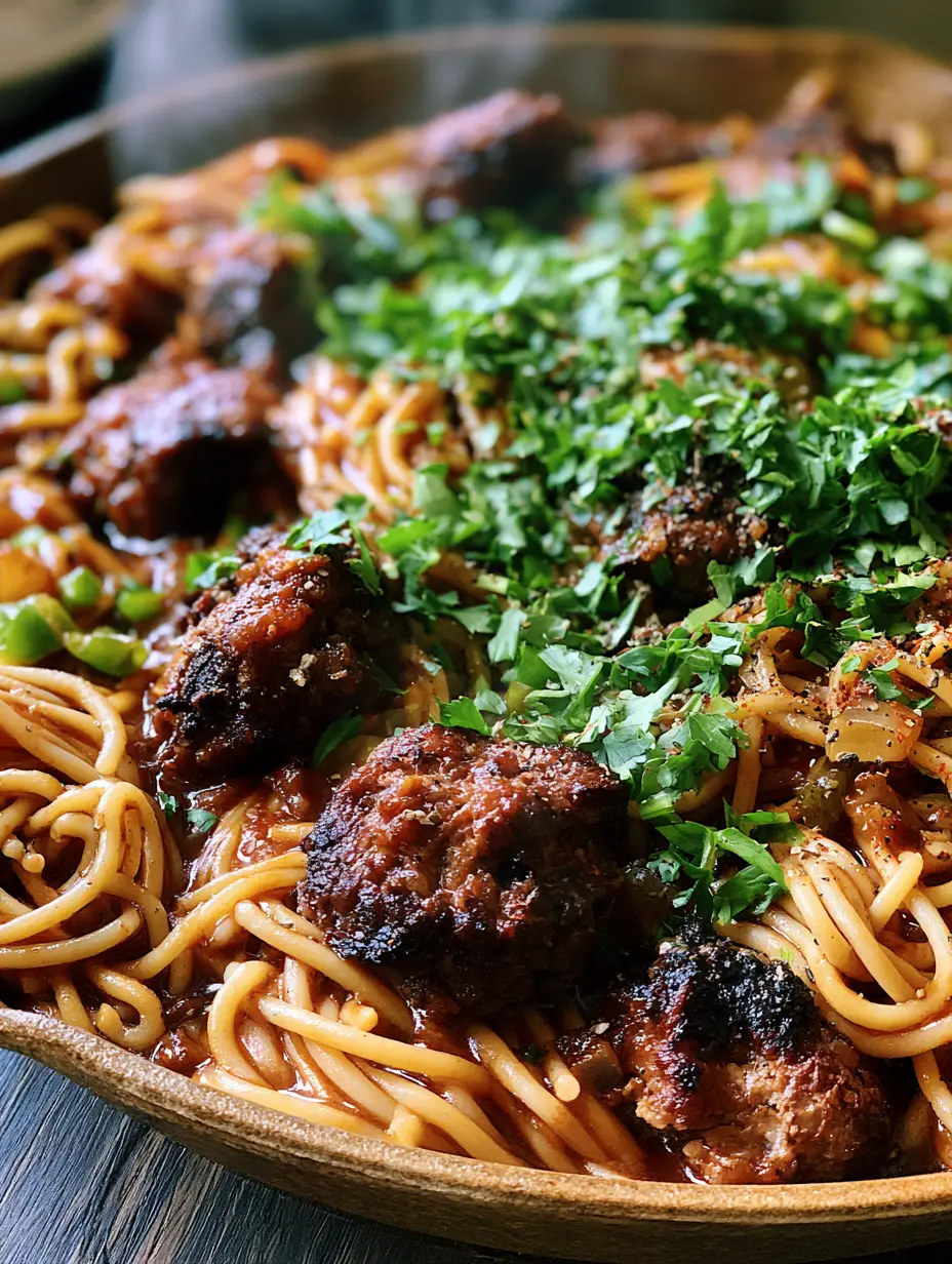 Extreme close-up of Cajun dirty spaghetti showing the glossy oil sheen on al dente noodles and charred beef edges.