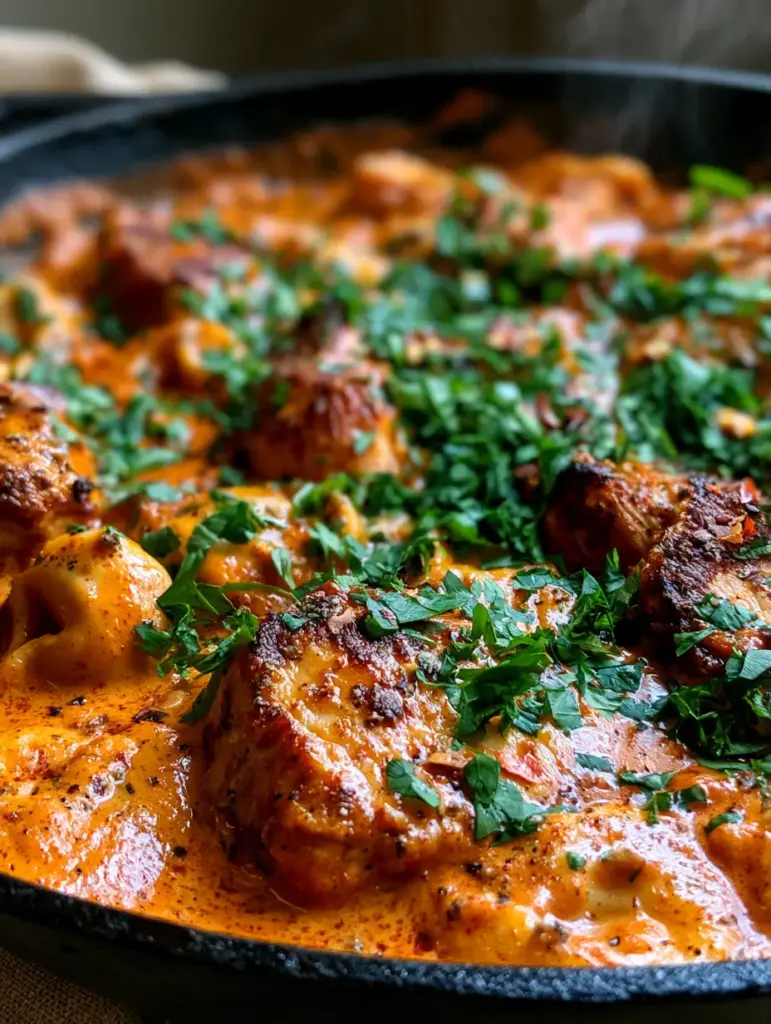 Overhead 45-degree shot of Cajun Chicken Tortellini garnished with fresh green parsley and red pepper flakes in a black skillet.