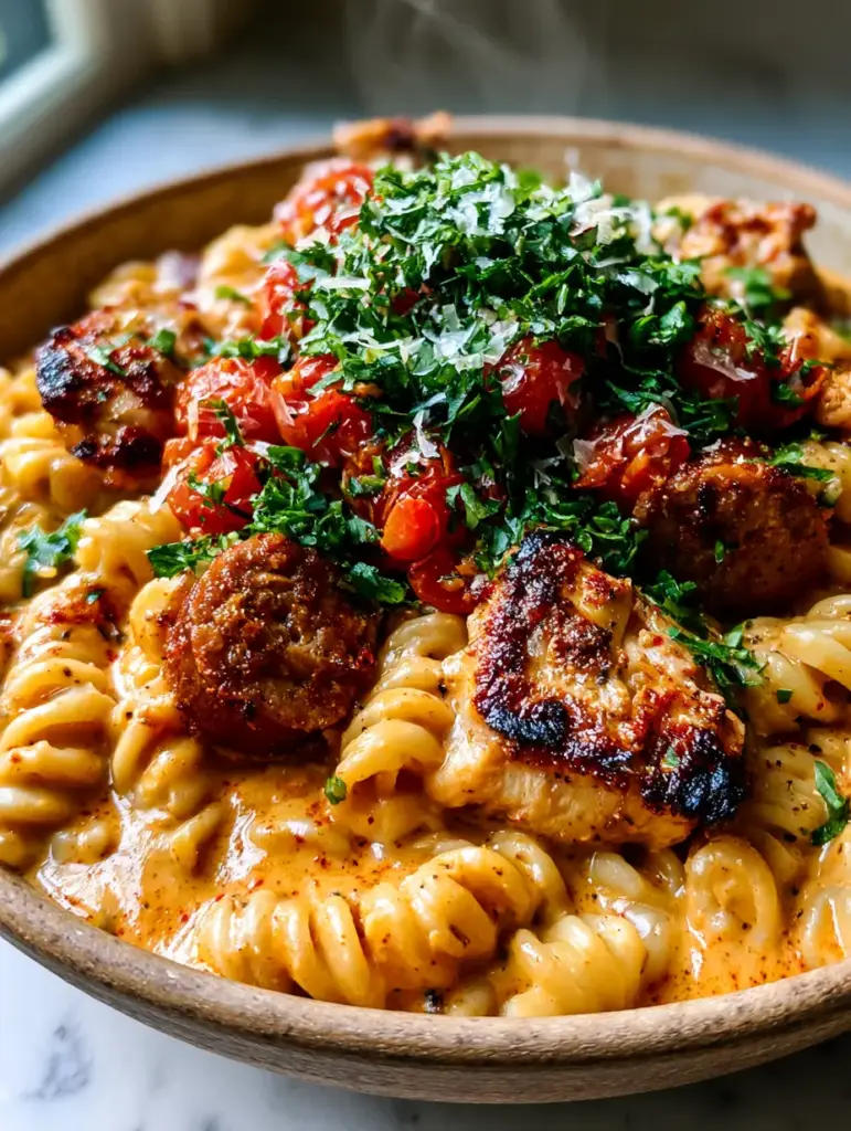 Close-up of glossy sunset-orange cream sauce coating rotini pasta with blistered cherry tomatoes and parsley. (Cajun chicken pasta)
