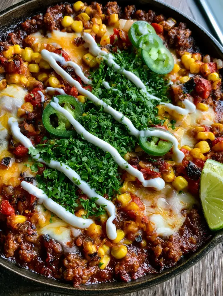 A close-up of a Mexican skillet showing charred white onions, sweet yellow corn, and a thick lime crema drizzle.