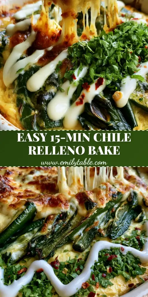 A rustic white ceramic dish filled with baked chili rellenos featuring charred poblanos and bubbling Monterey Jack cheese.