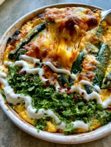 Close up of a fork lifting a stringy cheese pull from a dish of baked chili rellenos with roasted poblano strips.