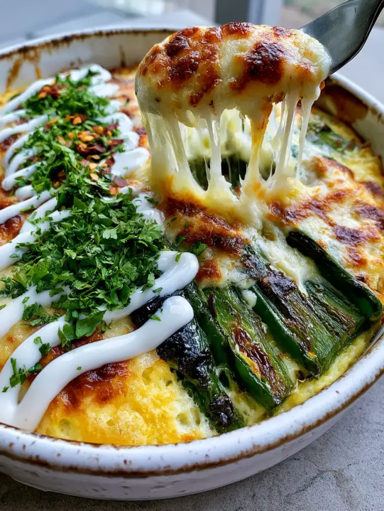 Top down view of baked chili rellenos garnished with a crema drizzle, cilantro, and red chili flakes.