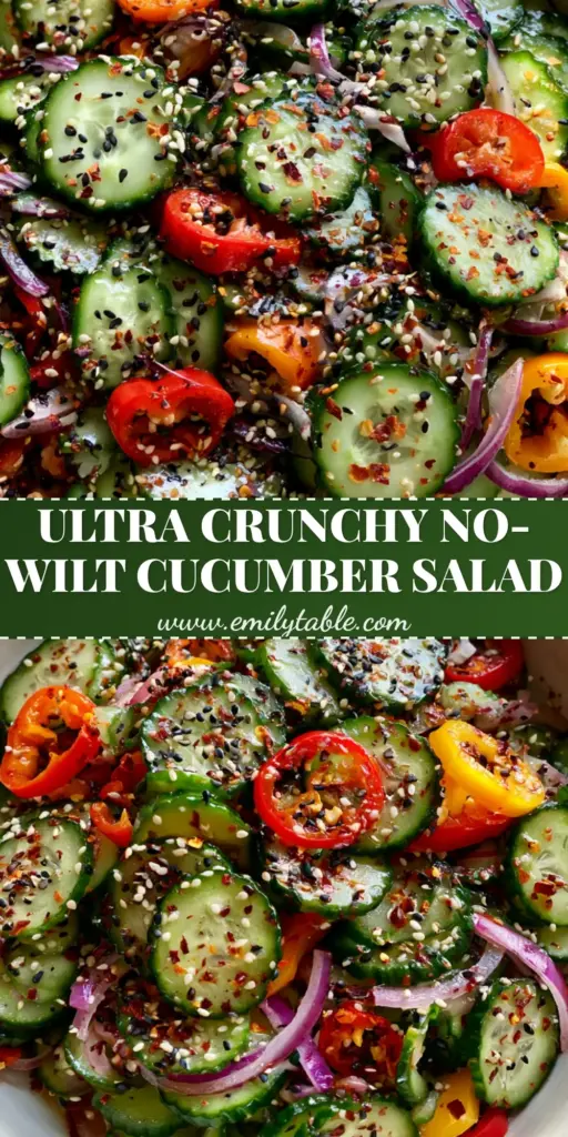 Cucumber Sweet Pepper Salad: The Ultimate Crunchy Summer Side Dish 3 A tall Pinterest pin image showing a top-down view of a vibrant Cucumber Sweet Pepper Salad in a matte white bowl with crinkle-cut cucumbers and colorful pepper rings.