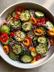 A smartphone photo of Cucumber Sweet Pepper Salad featuring crinkle-cut cucumbers, red, orange, and yellow mini peppers, and sesame seeds in a white bowl. (Cucumber Sweet Pepper Salad)