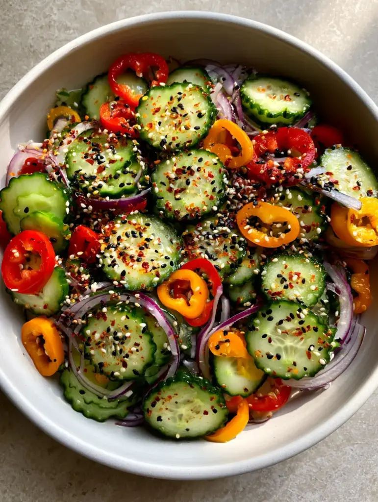 A smartphone photo of Cucumber Sweet Pepper Salad featuring crinkle-cut cucumbers, red, orange, and yellow mini peppers, and sesame seeds in a white bowl. (Cucumber Sweet Pepper Salad)