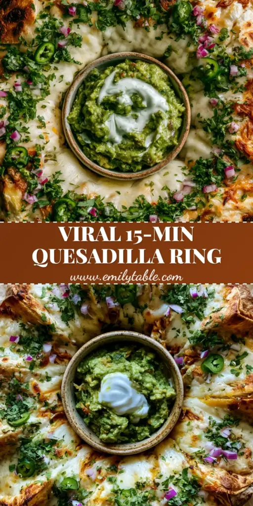 Bird's-eye view of a Blooming Quesadilla Ring Recipe with golden charred edges, melted cheese, and a center bowl of guacamole on parchment paper.