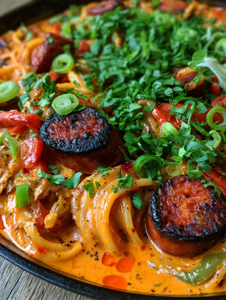 Extreme top-down shot of Creamy Cajun spaghetti in a skillet showing thick orange-red sauce and caramelized sausage rounds.