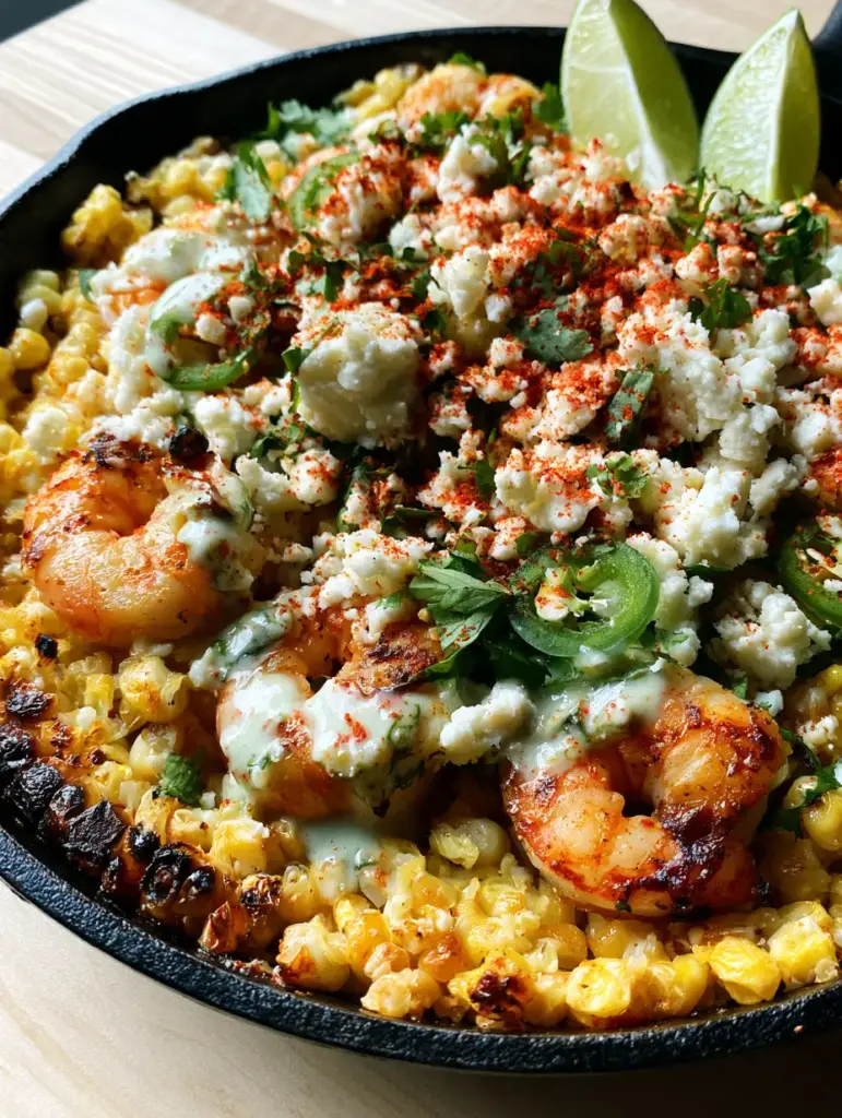 Mexican Street Corn and Shrimp Skillet with Lime Crema 2 Close up of charred sweet corn kernels and succulent jumbo shrimp garnished with cilantro. (mexican street corn and shrimp)