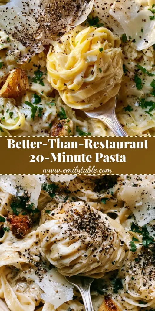 A top-down view of glossy 20-minute pasta with thick ivory cream sauce and shaved parmesan in a cream pot.