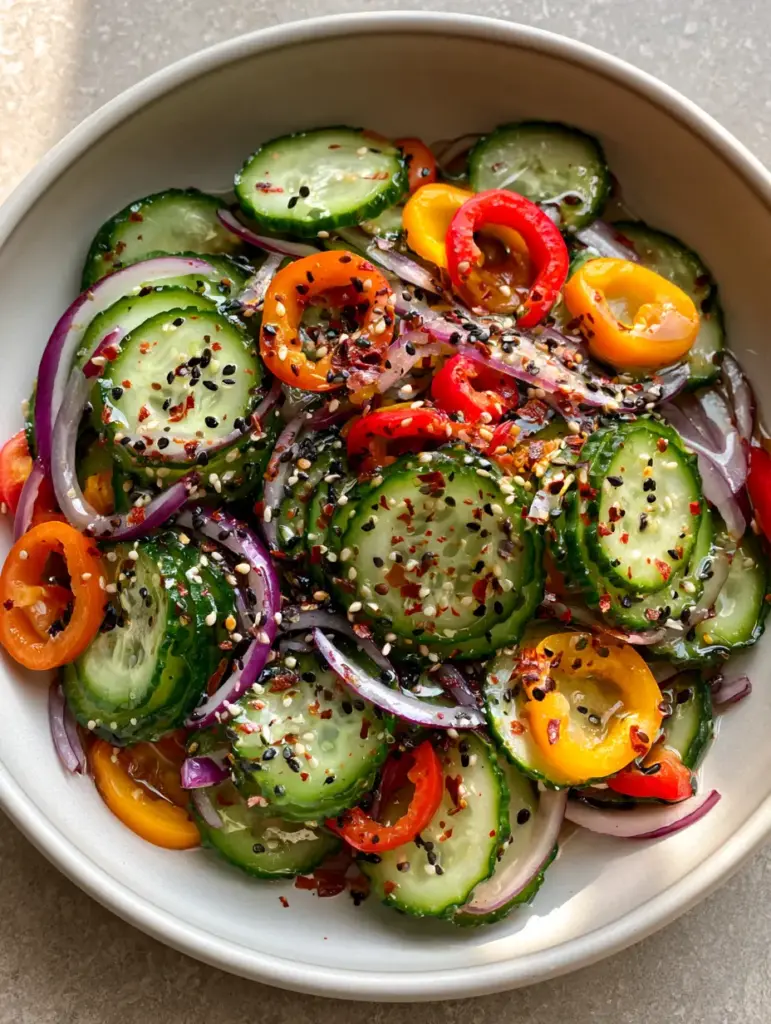 Cucumber Sweet Pepper Salad: The Ultimate Crunchy Summer Side Dish 1 Close-up of glossy rice vinegar dressing coating crinkle-cut cucumbers and mini sweet pepper rings garnished with chili flakes. (Cucumber Sweet Pepper Salad)
