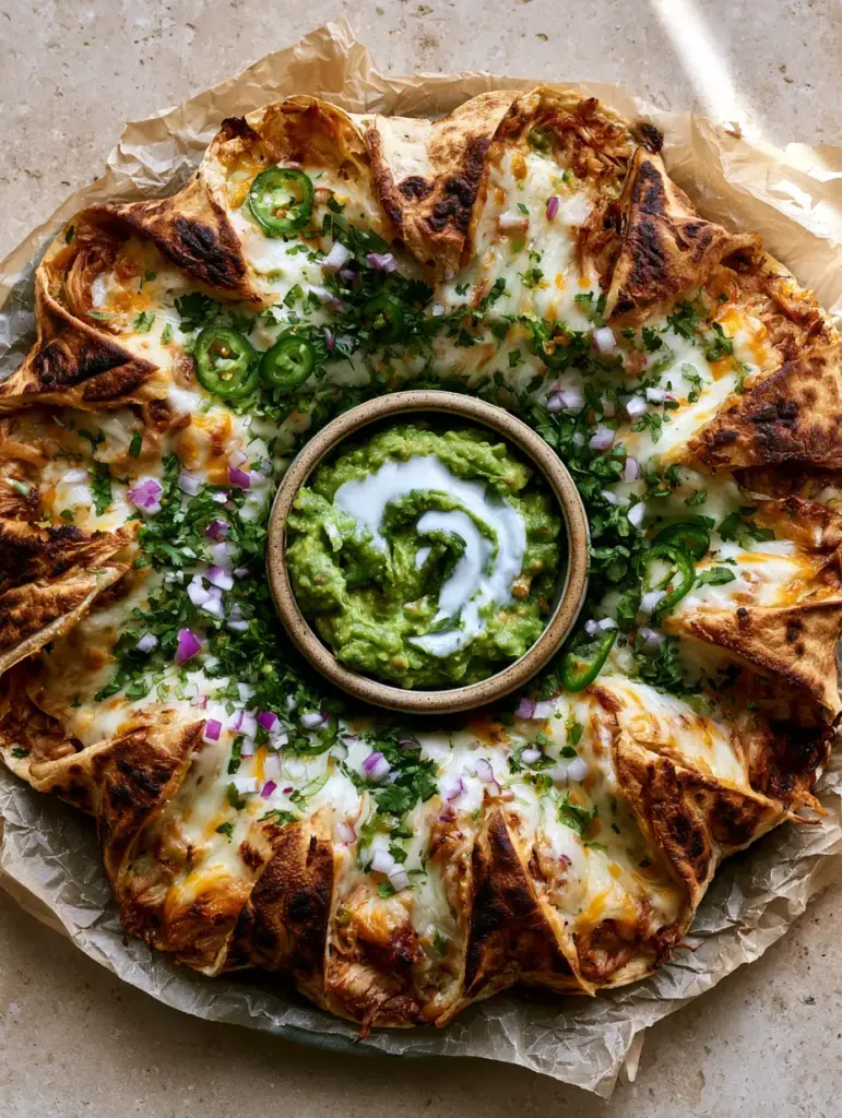 A stack of sliced Potato Quesadillas showing crispy golden-brown flour tortillas, oozing melted cheese, and fluffy mashed potato filling with cilantro and chili flakes.