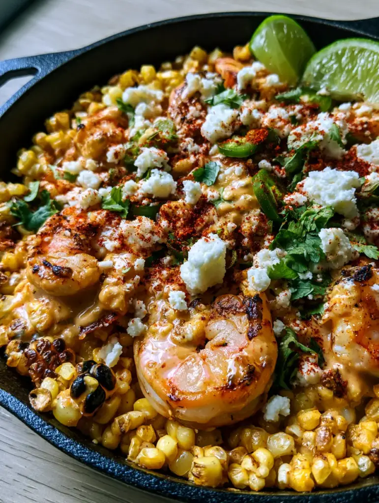 Mexican Street Corn and Shrimp Skillet with Lime Crema 1 Macro shot showing the thick lime crema drizzle and crumbles of cotija cheese on shrimp.