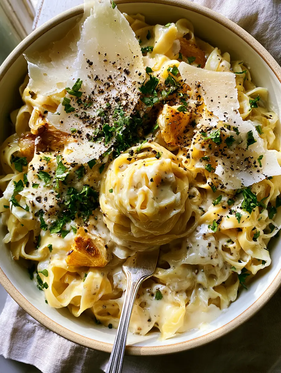 Close up of wide fettuccine ribbons coated in creamy garlic sauce with roasted garlic cloves. (20-minute pasta)