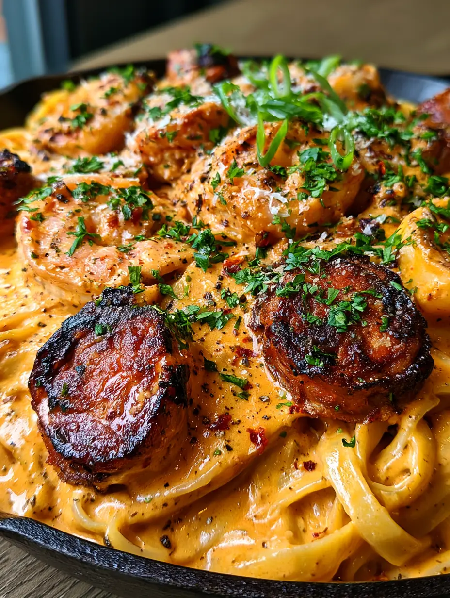 Smartphone POV of creamy Cajun shrimp and sausage pasta with succulent pink shrimp and seared andouille sausage.