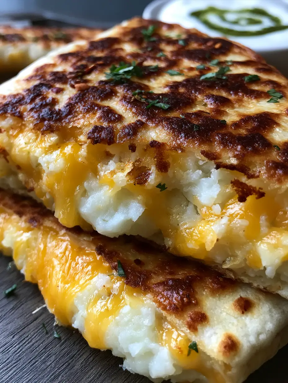 Macro shot of Potato Quesadillas with dark brown toasted spots, melted sharp cheddar, and monterey jack cheese oozing out.