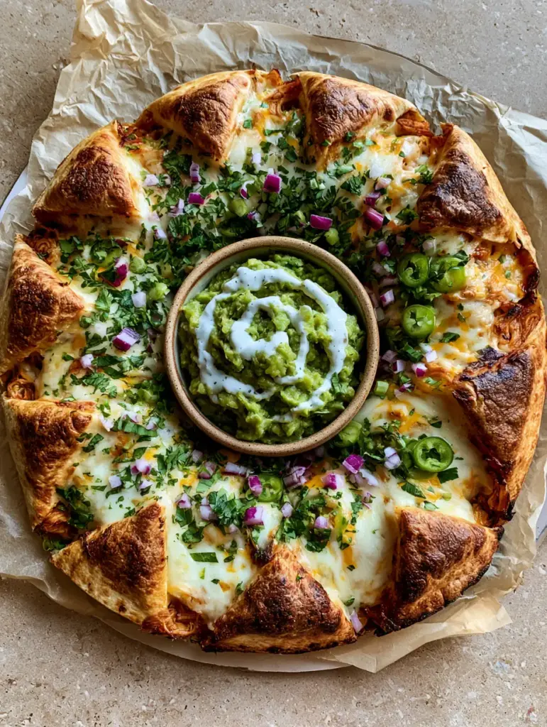 Blooming Quesadilla Ring Recipe garnished with fresh cilantro, red onions, and lime crema drizzle on a stone background.