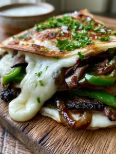 Smartphone photo of stacked Philly cheesesteak quesadillas with butter-toasted bubbles and stretchy cheese.