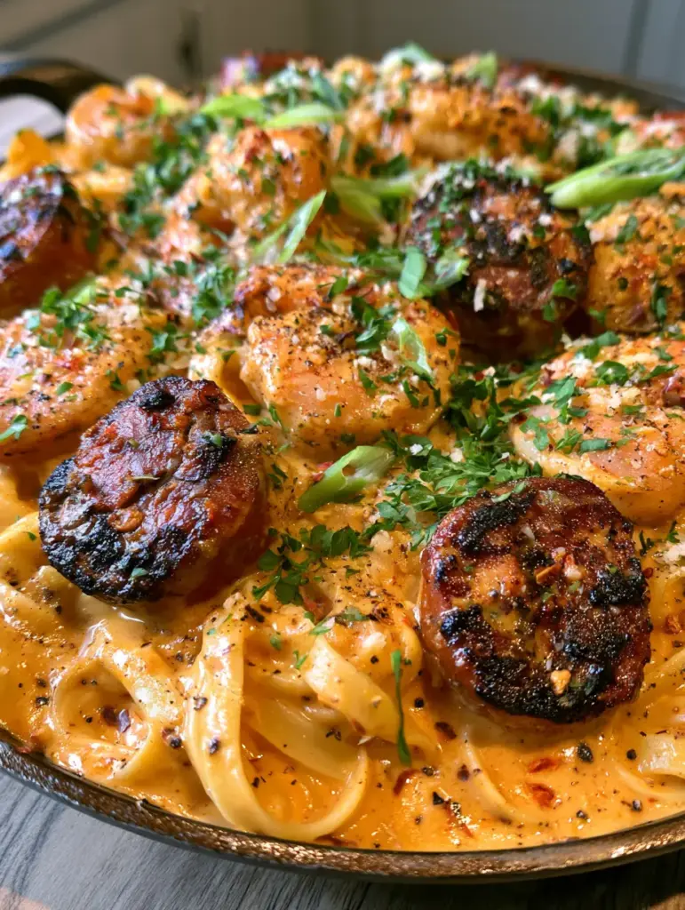 Overhead view of Cajun shrimp and sausage pasta showing cracked black pepper, red pepper flakes, and fresh parsley.