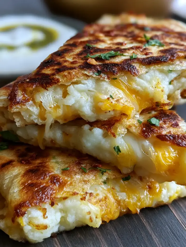 A stack of sliced potato quesadillas on a dark wooden table with a side of lime crema and salsa verde.