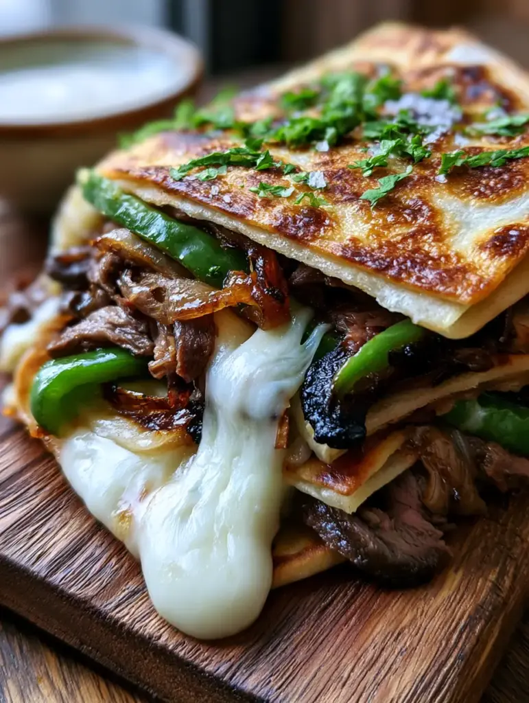 Close up of charred ribeye and green bell peppers inside a Philly cheesesteak quesadilla.
