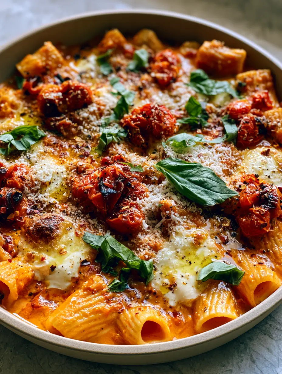 Close-up shot of rigatoni pasta coated in a sunset-orange sauce with charred tomatoes. (Easy pasta recipes)