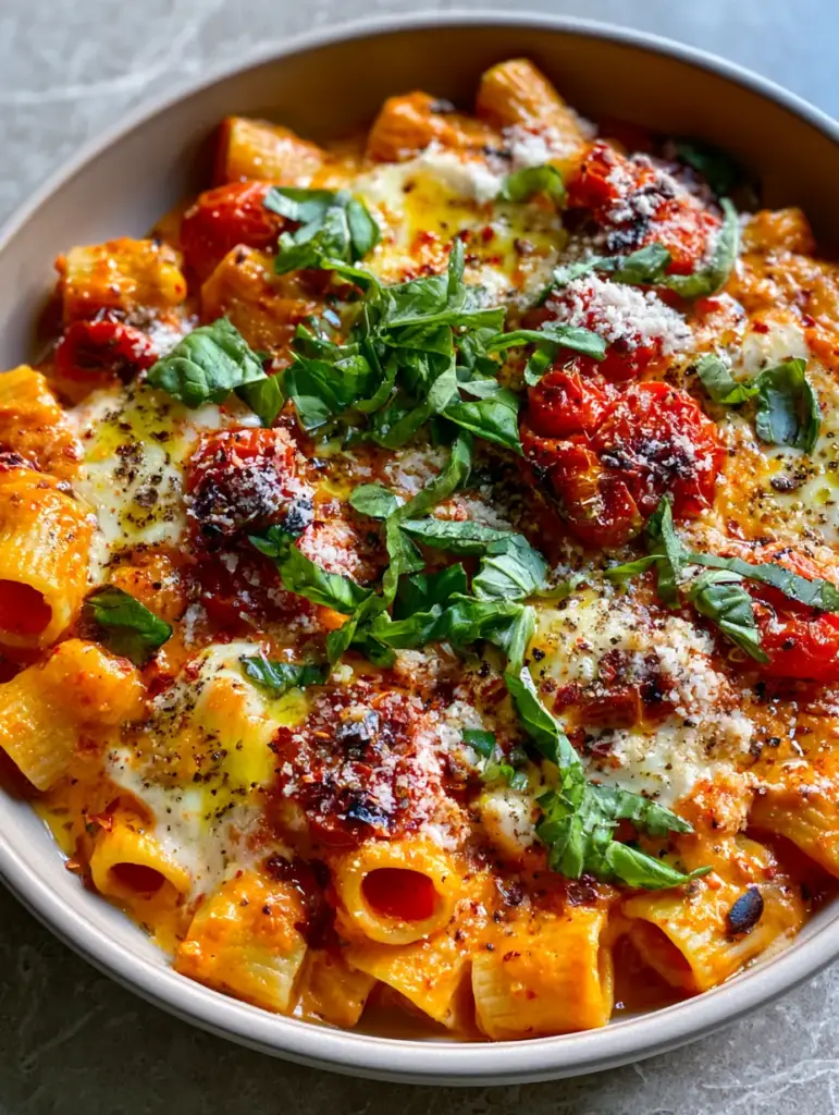 Top-down view of a ceramic pan showing melted mozzarella patches and fresh basil on rigatoni.