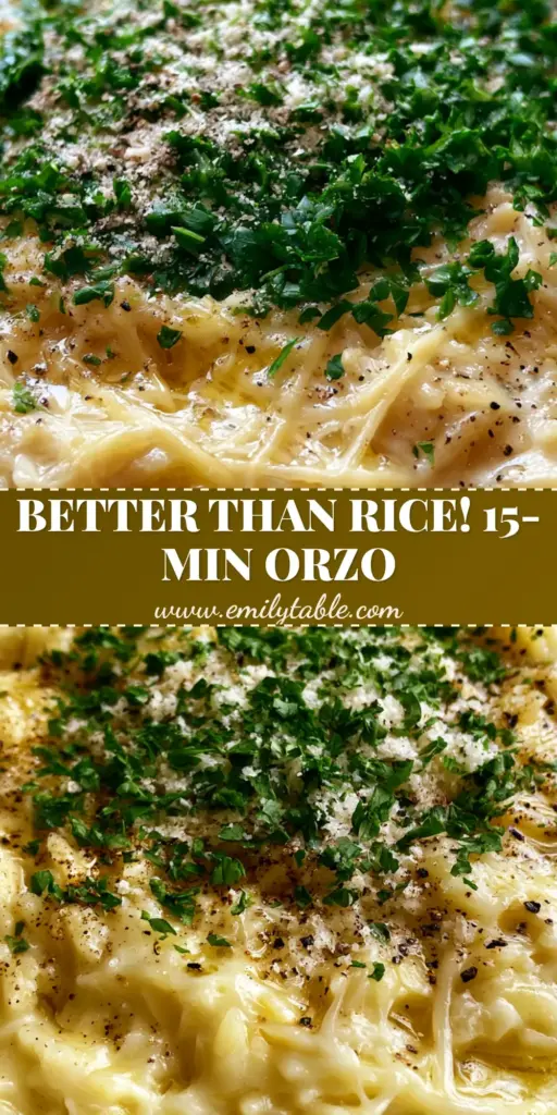 A top-down view of Garlic Butter Orzo in a ceramic bowl featuring melted parmesan cheese ribbons, toasted garlic, and fresh parsley garnish.