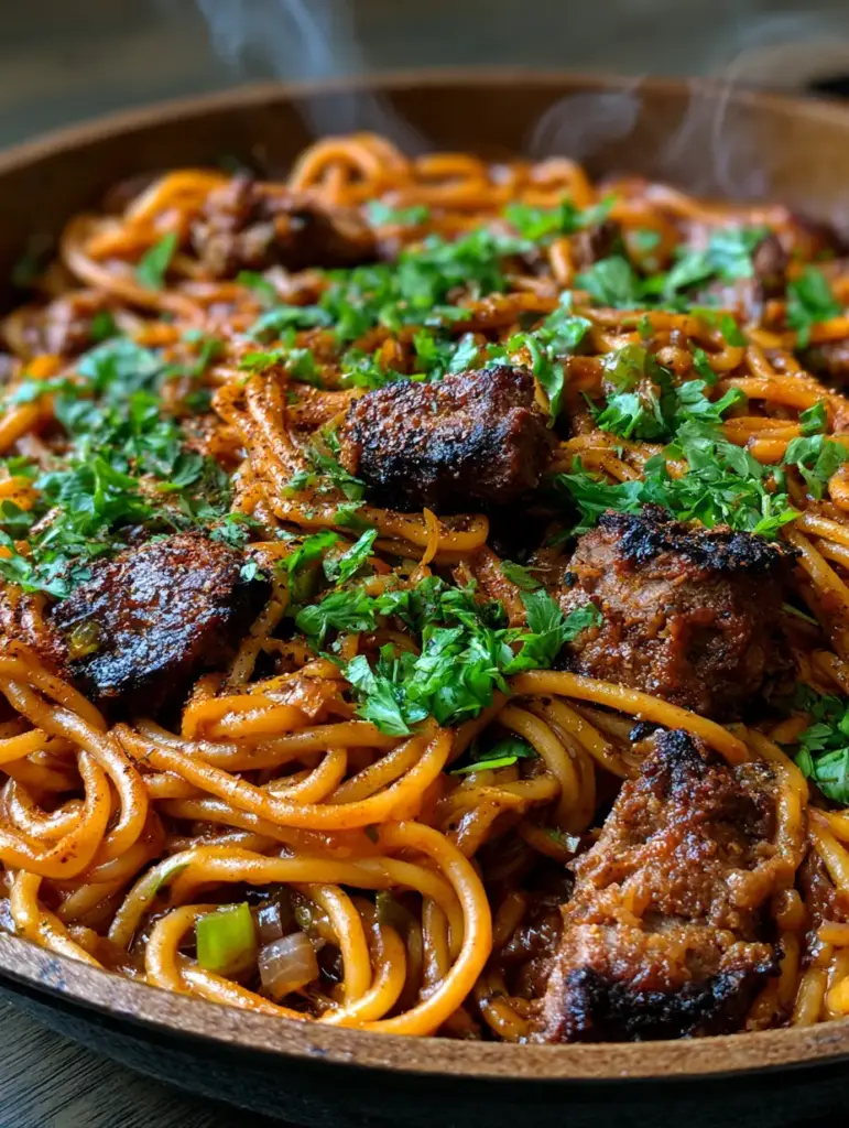 Cajun dirty spaghetti in a skillet with visible diced green peppers, onions, and a dusting of coarse black pepper.