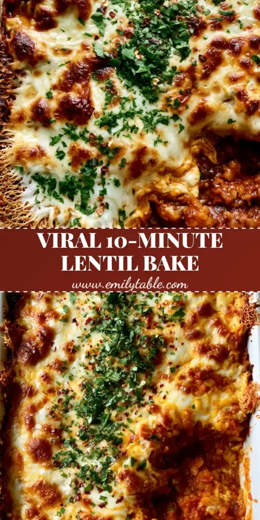 A bubbling vegetarian lentil casserole in a white ceramic dish with melted mozzarella and cheddar cheese, garnished with parsley and red pepper flakes.