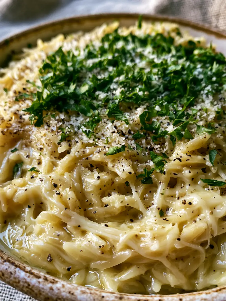 Ultra-close macro shot of Garlic Butter Orzo glistening with golden butter sauce, topped with black pepper and parsley.
