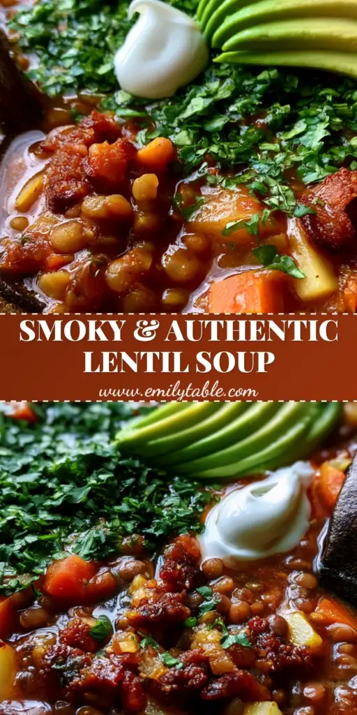 A vertical Pinterest pin showing a close-up of Mexican lentil dishes with chorizo, avocado, and crema swirl. (Mexican lentil dishes)