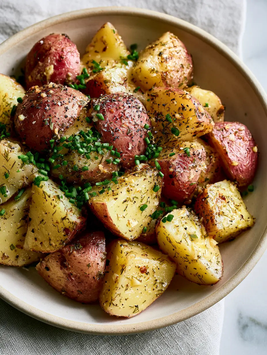 Top-down macro shot of tender roasted red-skin potato chunks with ranch seasoning and chives. (slow cooker herb ranch potatoes)