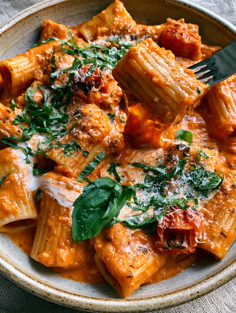 Close up shot of glossy creamy tomato pasta showing sauce stretch on a fork lift.