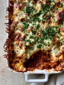 Top-down view of a bubbling vegetarian lentil casserole with golden-brown charred cheese edges and fresh parsley garnish.