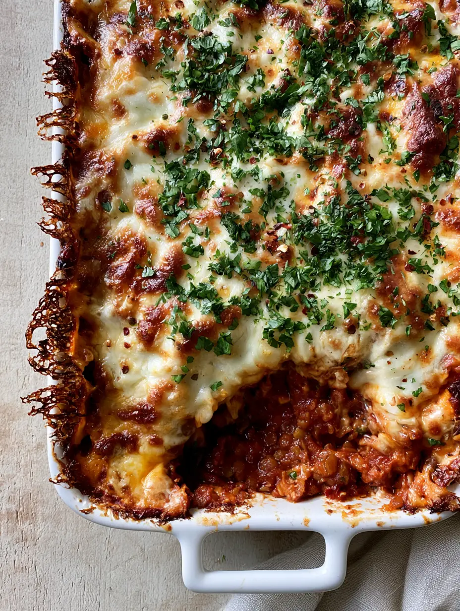 Top-down view of a bubbling vegetarian lentil casserole with golden-brown charred cheese edges and fresh parsley garnish.