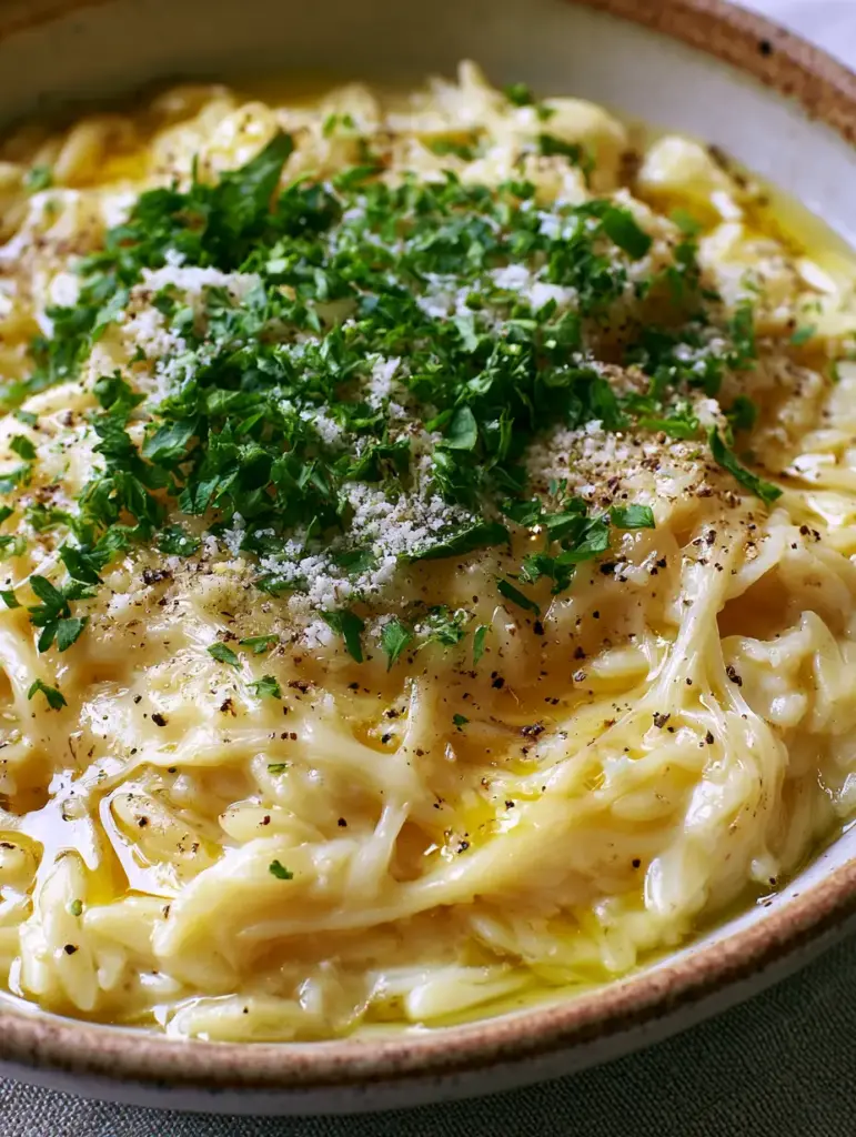 Handheld smartphone photo of Garlic Butter Orzo showing stretchy ribbons of melted parmesan cheese and bright green parsley.