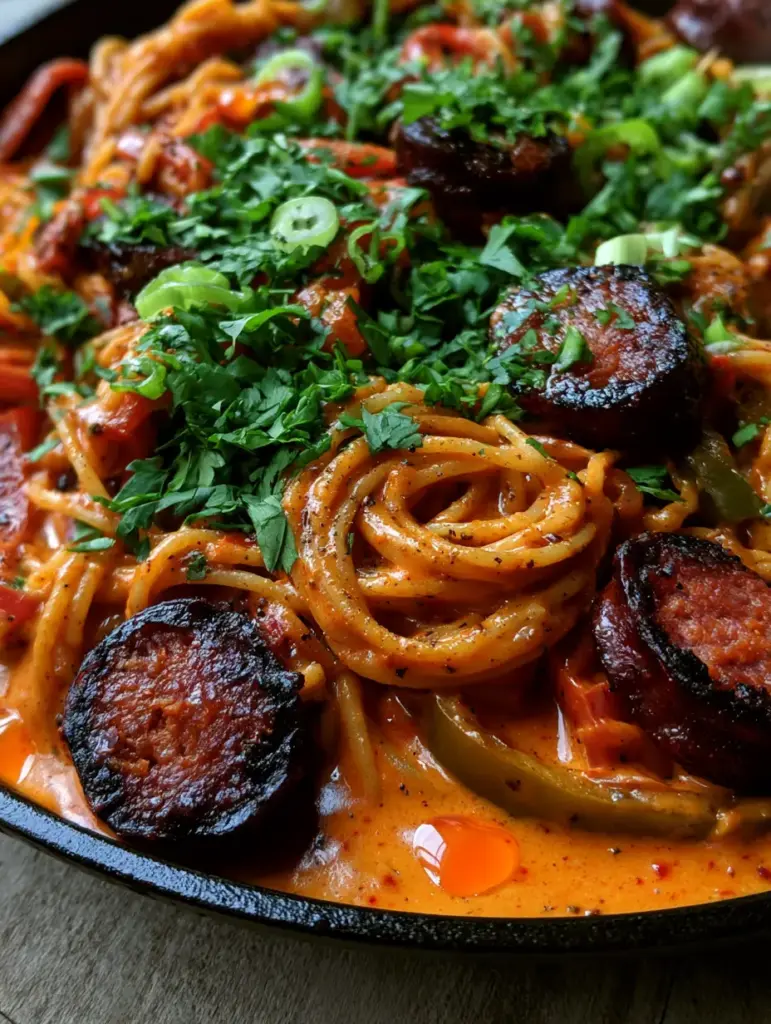 Close-up of glistening red and green bell peppers mixed into Creamy Cajun spaghetti with specks of cayenne pepper.