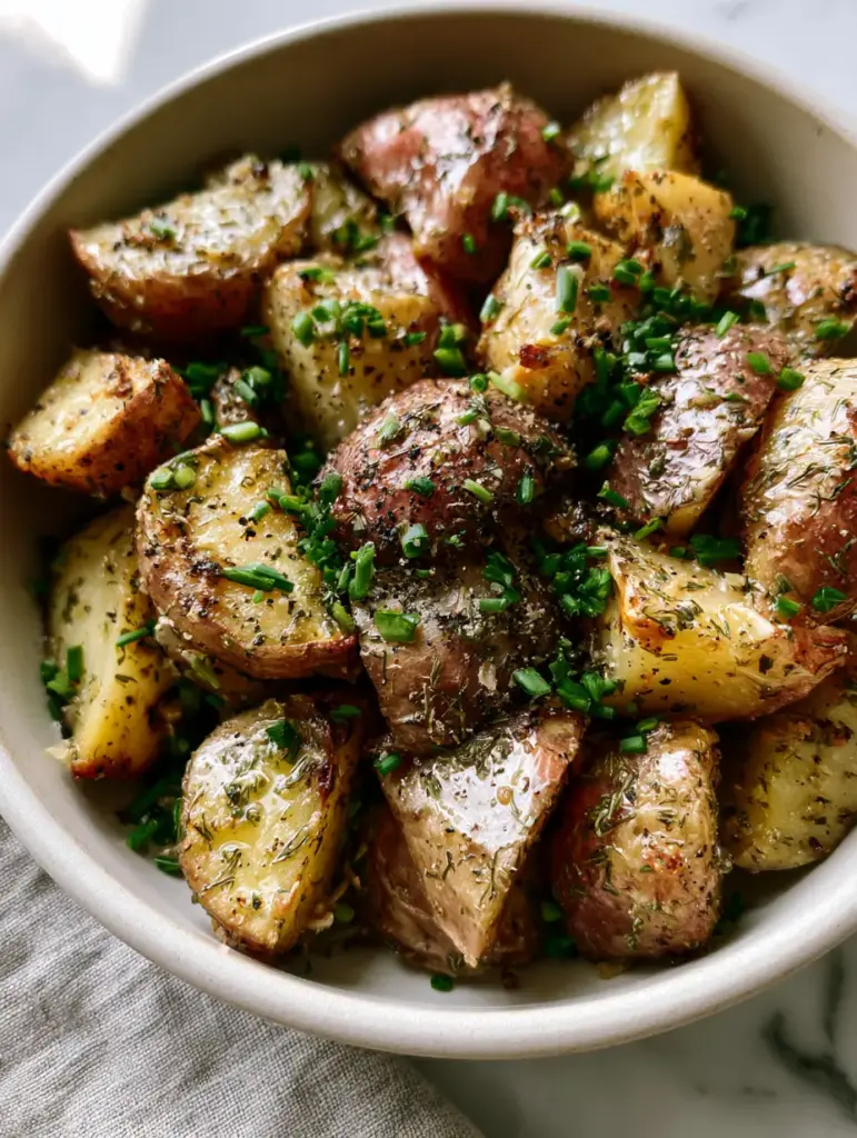 Red skin potato wedges glistening with melted butter and cracked black pepper.