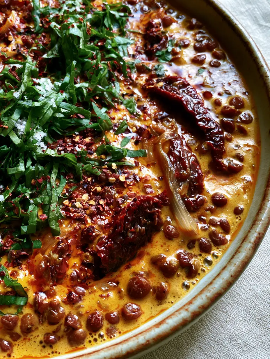 Detailed close-up of tender whole brown lentils in a heavy glossy sun-dried tomato cream sauce with softened garlic slivers. (Marry Me Lentils recipe)