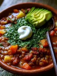 Extreme macro close-up of Sopa de Lentejas in a terracotta bowl with steam and fresh cilantro. (Mexican lentil dishes)