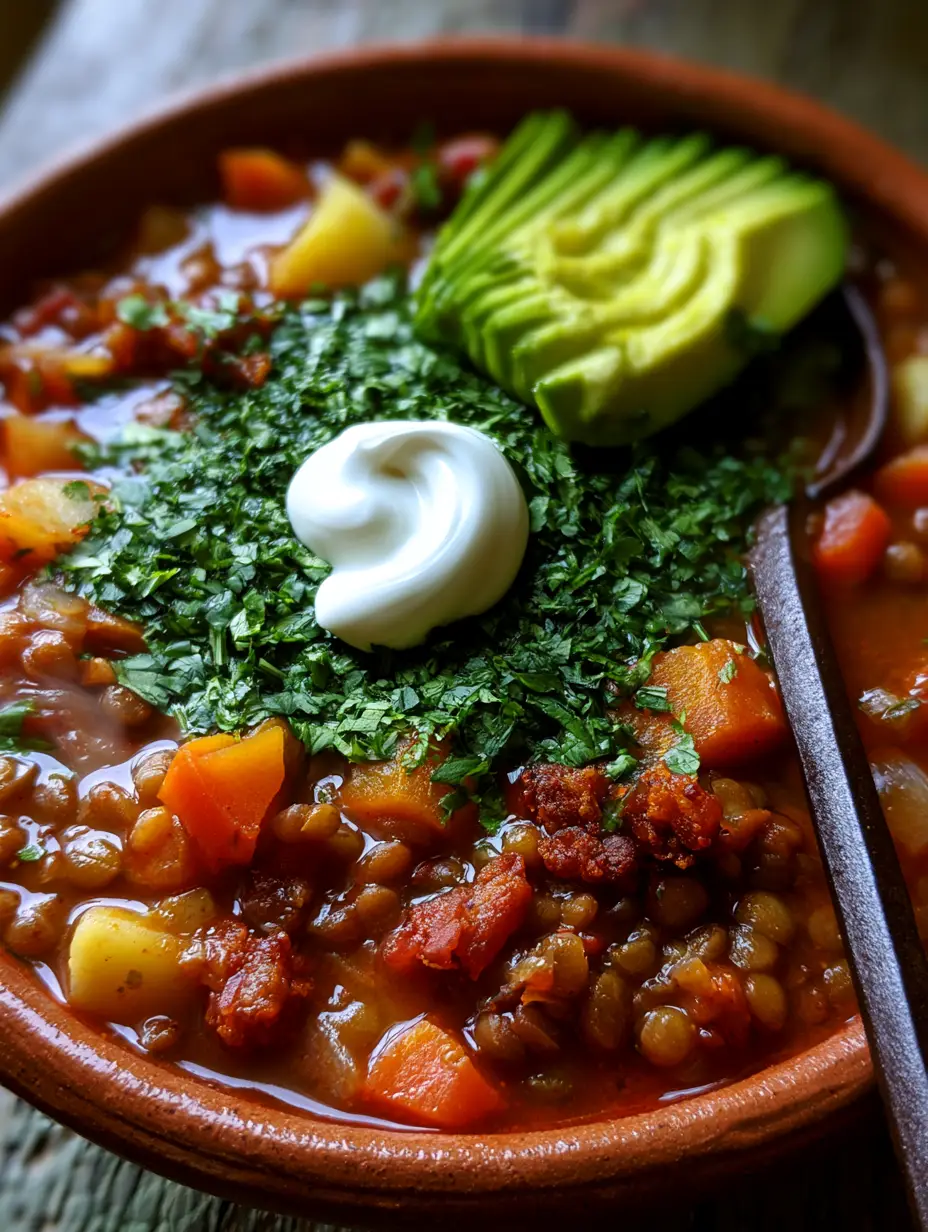 Extreme macro close-up of Sopa de Lentejas in a terracotta bowl with steam and fresh cilantro. (Mexican lentil dishes)