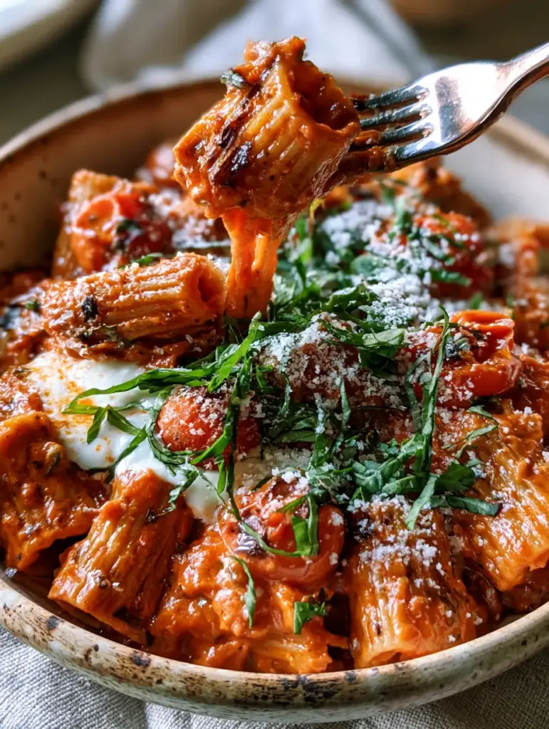Overhead view of creamy tomato pasta with micro-planed parmesan and charred cherry tomatoes.