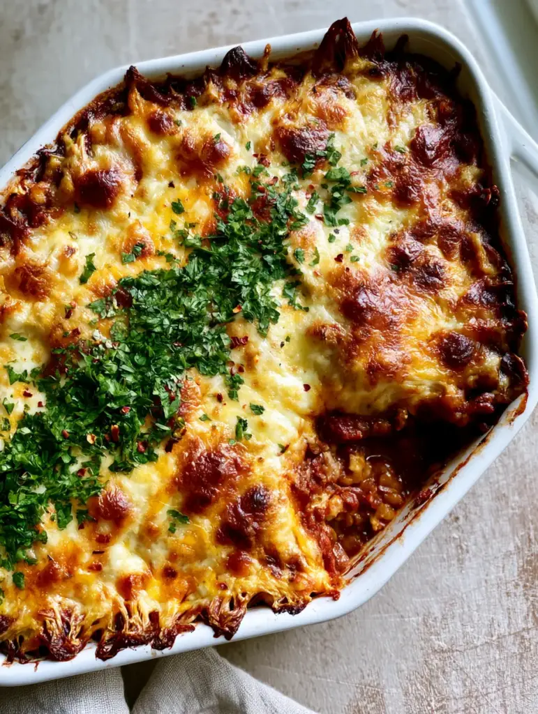 A scooped out portion of vegetarian lentil casserole showing the steaming tender interior and chunky tomato sauce base.