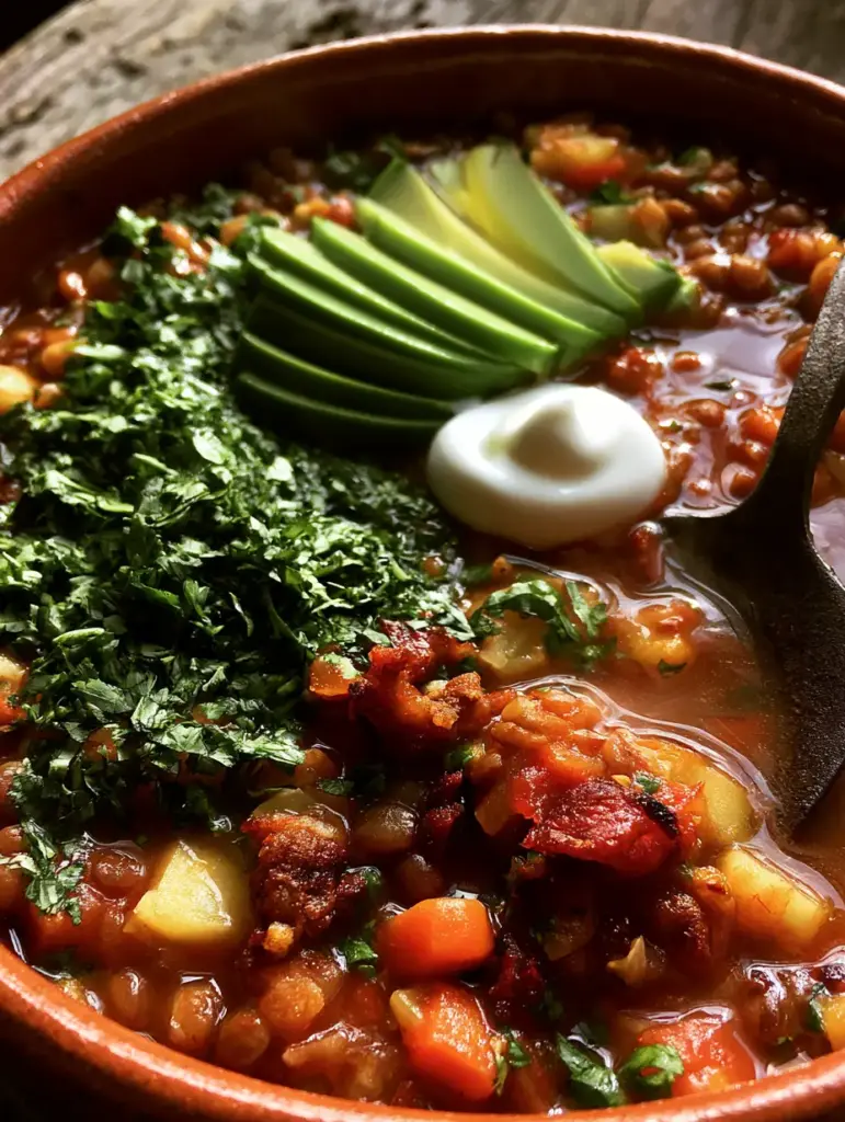 A rustic terracotta bowl filled with Mexican lentil soup featuring cubed potatoes and browned chorizo bits.