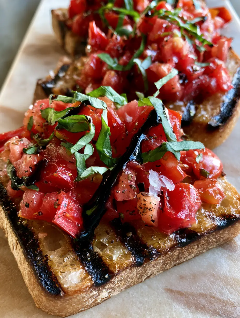Italian Bruschetta with Balsamic Glaze and Heirloom Tomatoes 3 Top-down view of artisanal Italian Bruschetta on a marble slab showing charred grill marks and glistening tomatoes. (Italian Bruschetta)