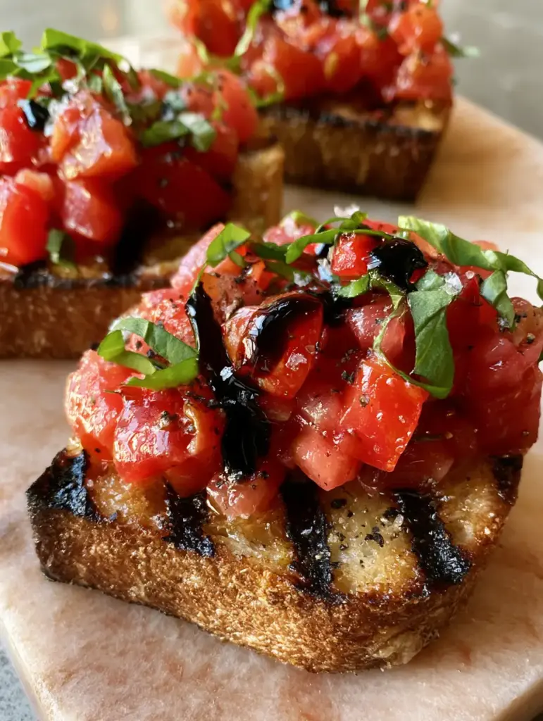 Italian Bruschetta with Balsamic Glaze and Heirloom Tomatoes 1 Extreme close-up of ruby-red heirloom tomatoes and balsamic glaze on toasted Italian Bruschetta slices.
