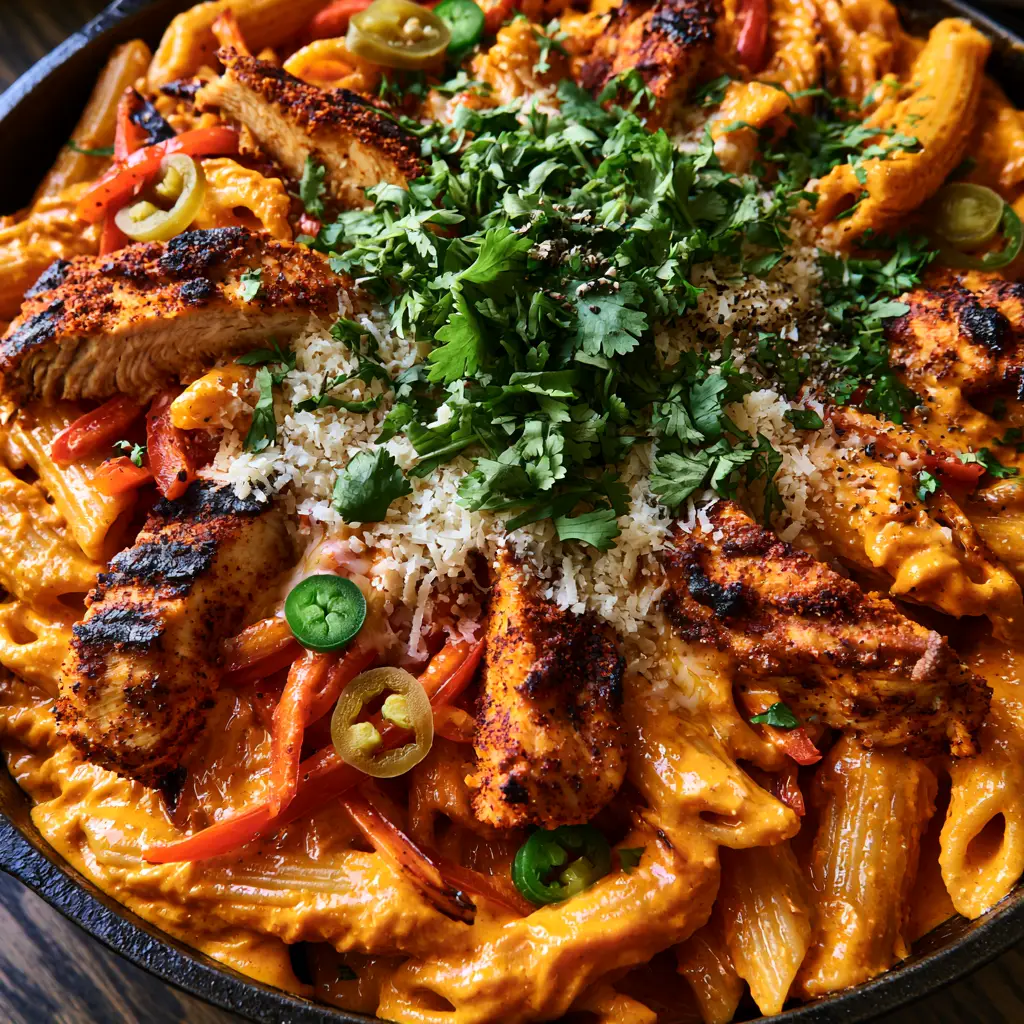 A deep black skillet filled with Spicy Rattlesnake Pasta, topped with jalapeños and melting parmesan.